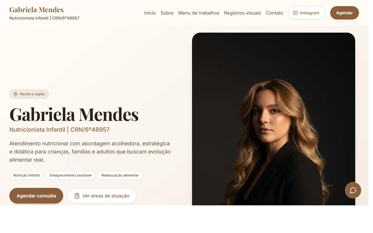 Tela inicial do projeto Gabriela Mendes, desenvolvido com React, TypeScript, SEO